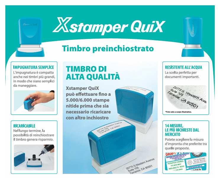 Caratteristiche del timbro preinchiostrato Xstamper QuiX