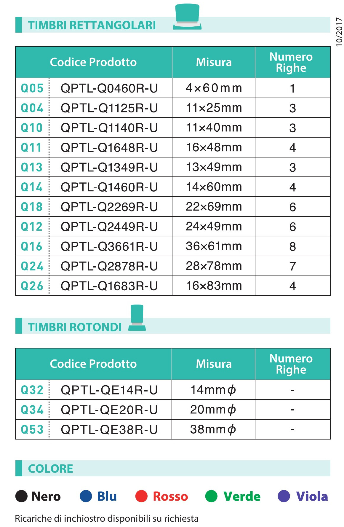Tabella ufficiale modelli misure righe e colori Xstamper QuiX