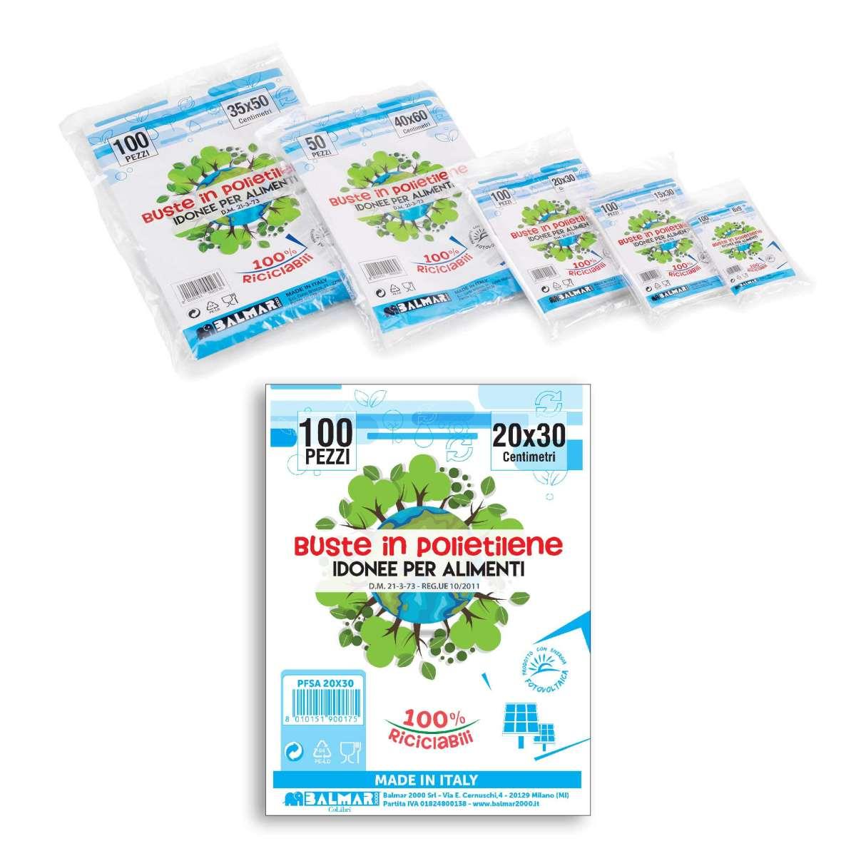 B-pack - buste polietilene idonee per alimenti, riciclabili e multiuso -  formato 20 x 30 cm - confezione da 100 pz con zip richiudibile