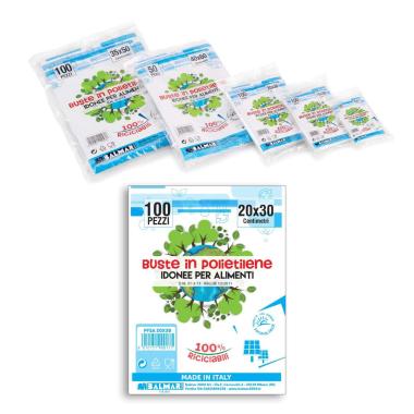 B-pack - buste polietilene idonee per alimenti, riciclabili e multiuso -  formato 20 x 30 cm - confezione da 100 pz con zip richiudibile