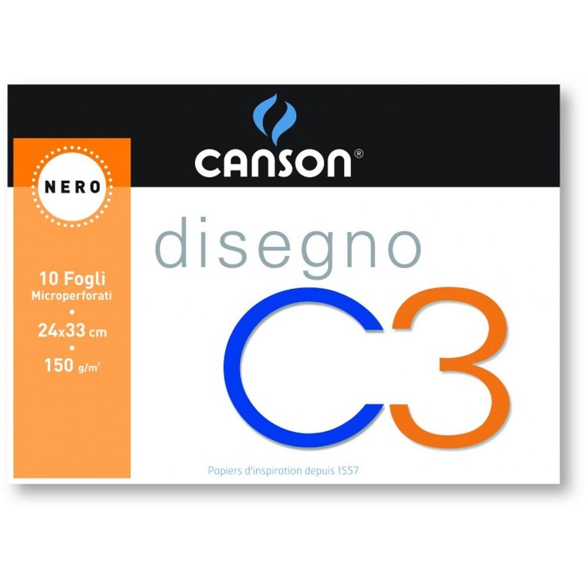 Canson - blocco da disegno c3 liscio nero - formato 24 x 33 cm - 10 fogli - carta 120 gr - collato lato corto