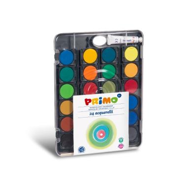 Primo - pastiglie acquerello fine - scatola in plastica con coperchio tavolozza - 24 pastiglie Ø 30mm + 1 pennello + 1 tubetto di tempera bianco