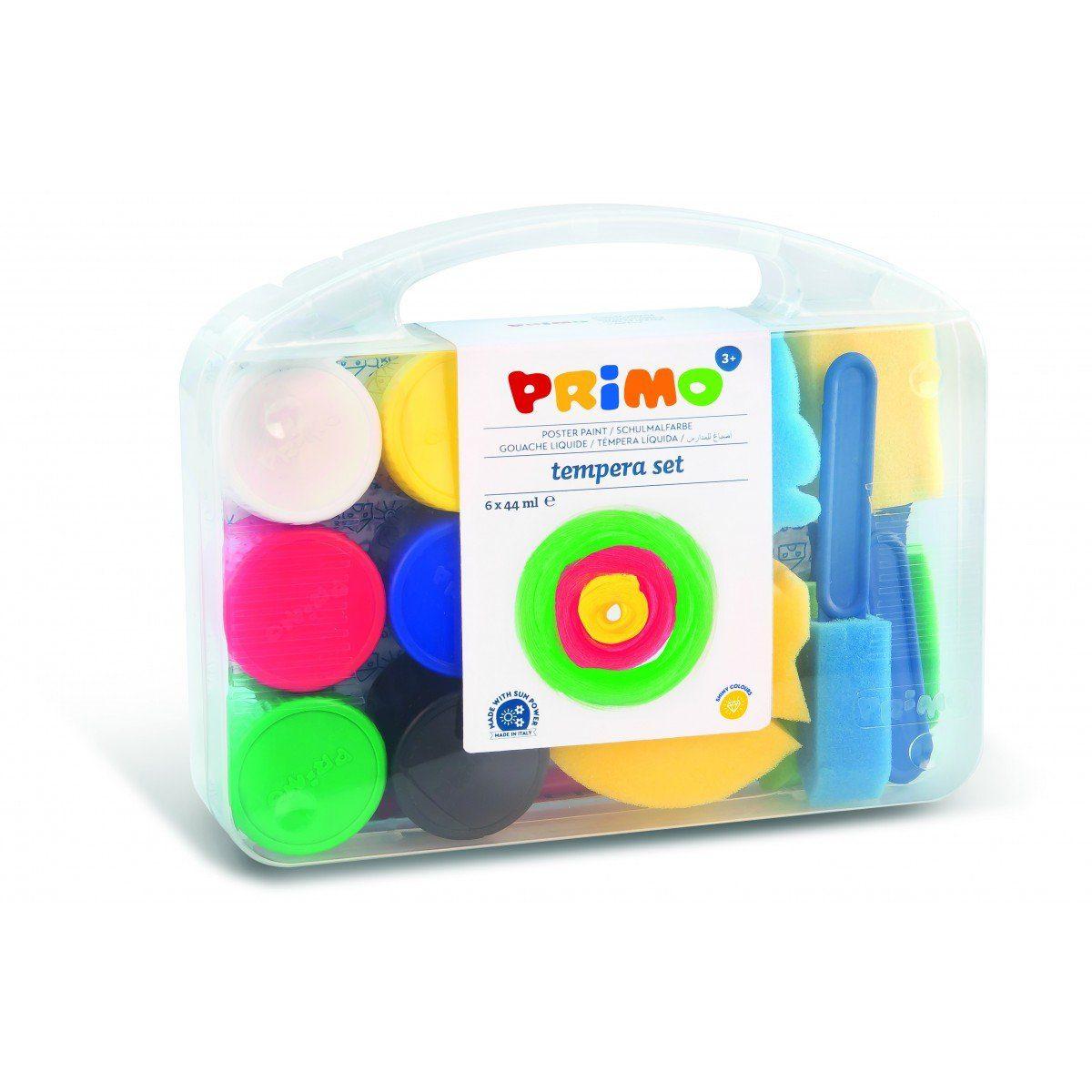 Primo - tempera alta qualita' in barattolo da 44ml - valigetta multiuso con 6 colori + 2 spugne + 3 pennelli in spugna + 1 tovaglietta in plastica + 1 pennello jumbo