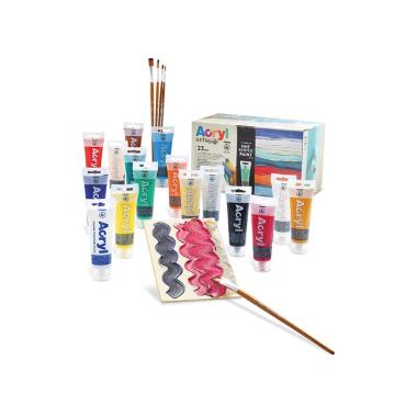 Primo - set artistico con colore acrilico fine in tubi da 75ml - 15 colori - 1 pasta strutturante a grana grossa - 2 cartoncini telati 18 x 24 cm - 5 pennelli (5 e 8 tondo - 6 10 1