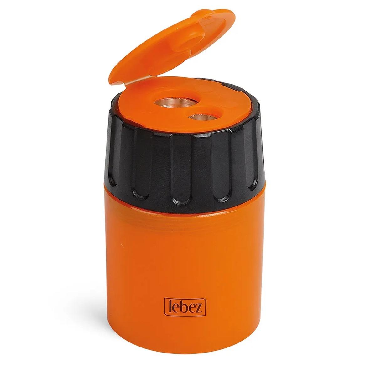 Lebez - temperamatite in metalo 2 fori con contenitore in plastica e coperchio