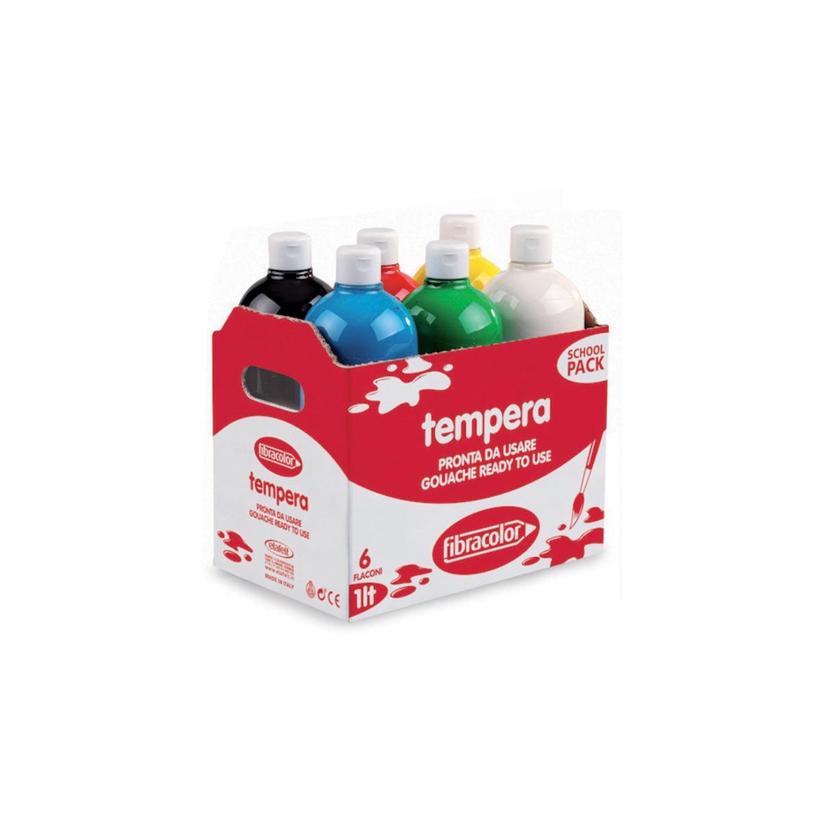 Fibracolor tempera pronta - school pack 6 flaconi da 1 litro colori assortiti (bianco - rosso - giallo - verde - nero - azzurro)