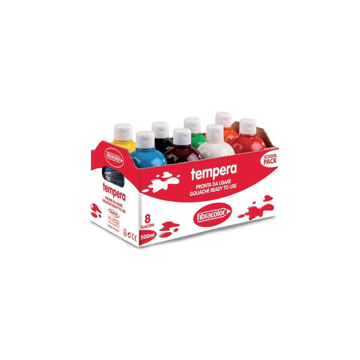Fibracolor tempera pronta - school pack 8 flaconi da 500 ml colori assortiti (rosso - arancio - nero - bianco - verde brillante - blu - giallo - marrone)