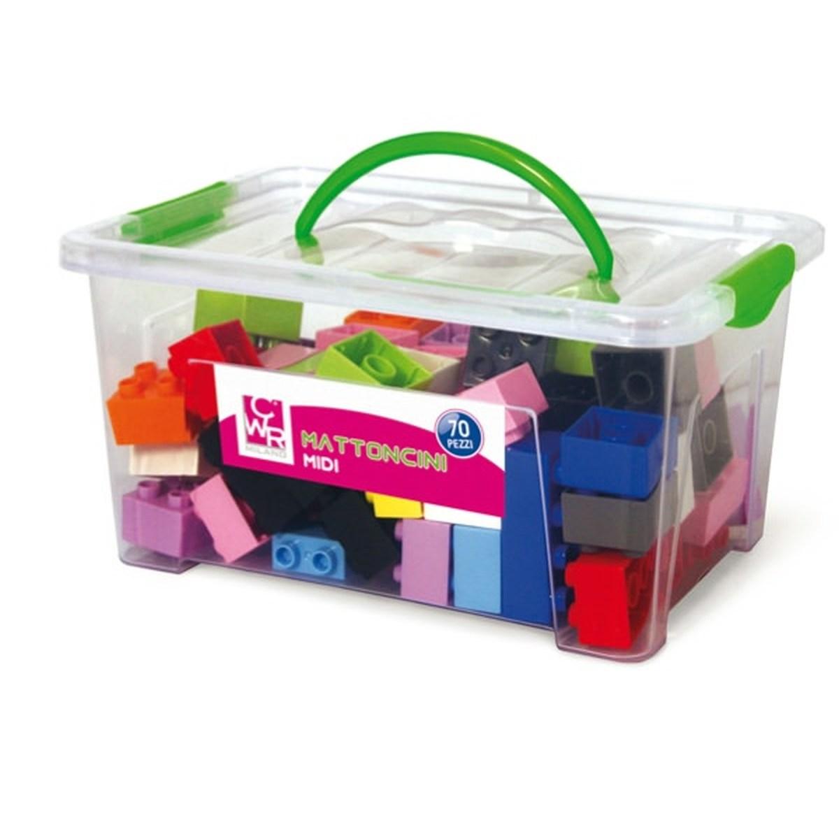Cwr - mattoncini midi da costruzione - in abs - colori assortiti - bauletto da 70 pezzi