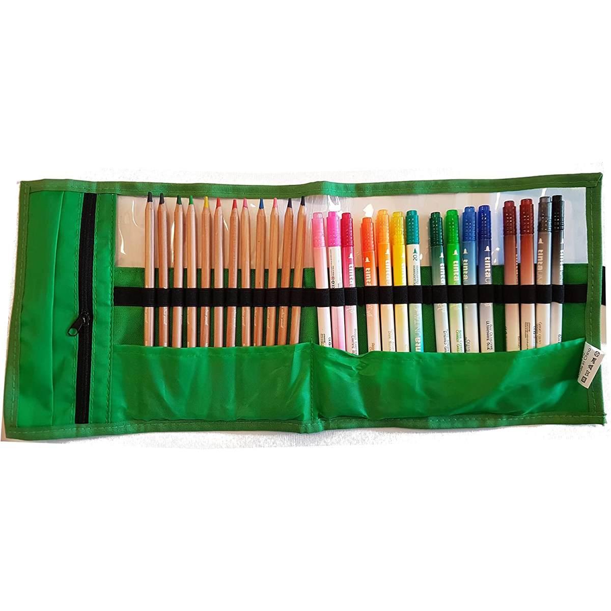 Tinta unita - rotolo colori - 12 pastelli acquerellabili + 18 pennarelli a doppia punta pennello