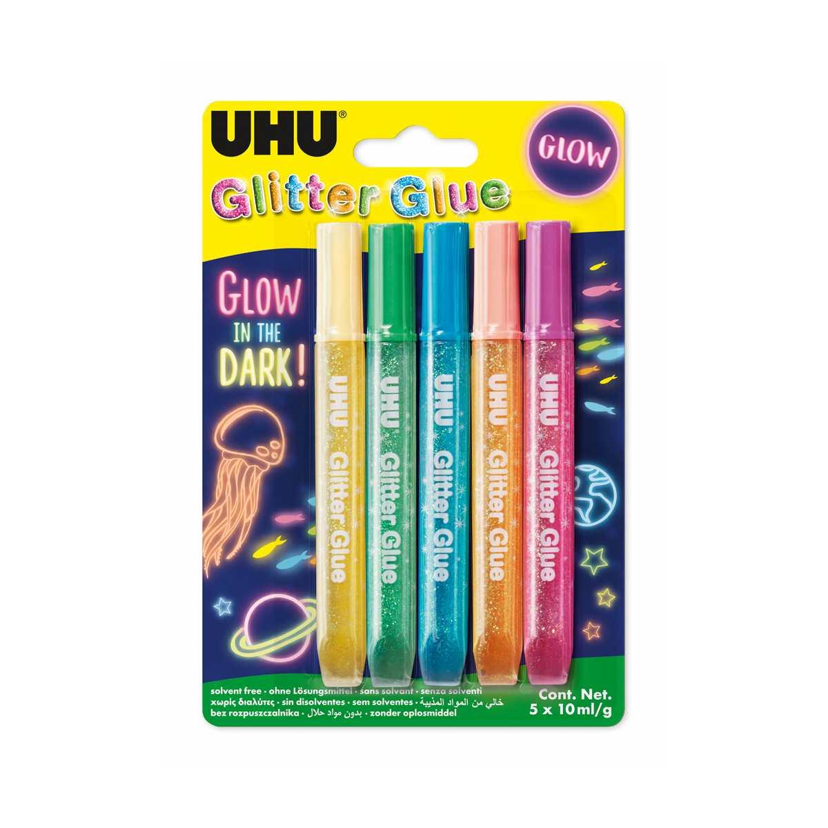 Uhu glitter glue pen glow in the dark - blister da 5 pz x 10 ml