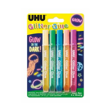 Uhu glitter glue pen glow in the dark - blister da 5 pz x 10 ml