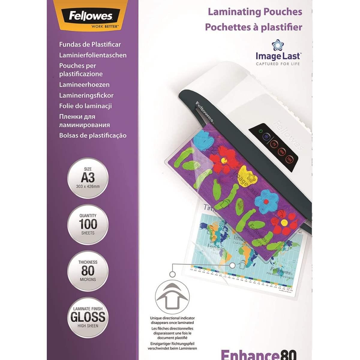Fellowes - pouches di plastificazione per documenti, formato a3, 80 micron - confezione da 100 fogli