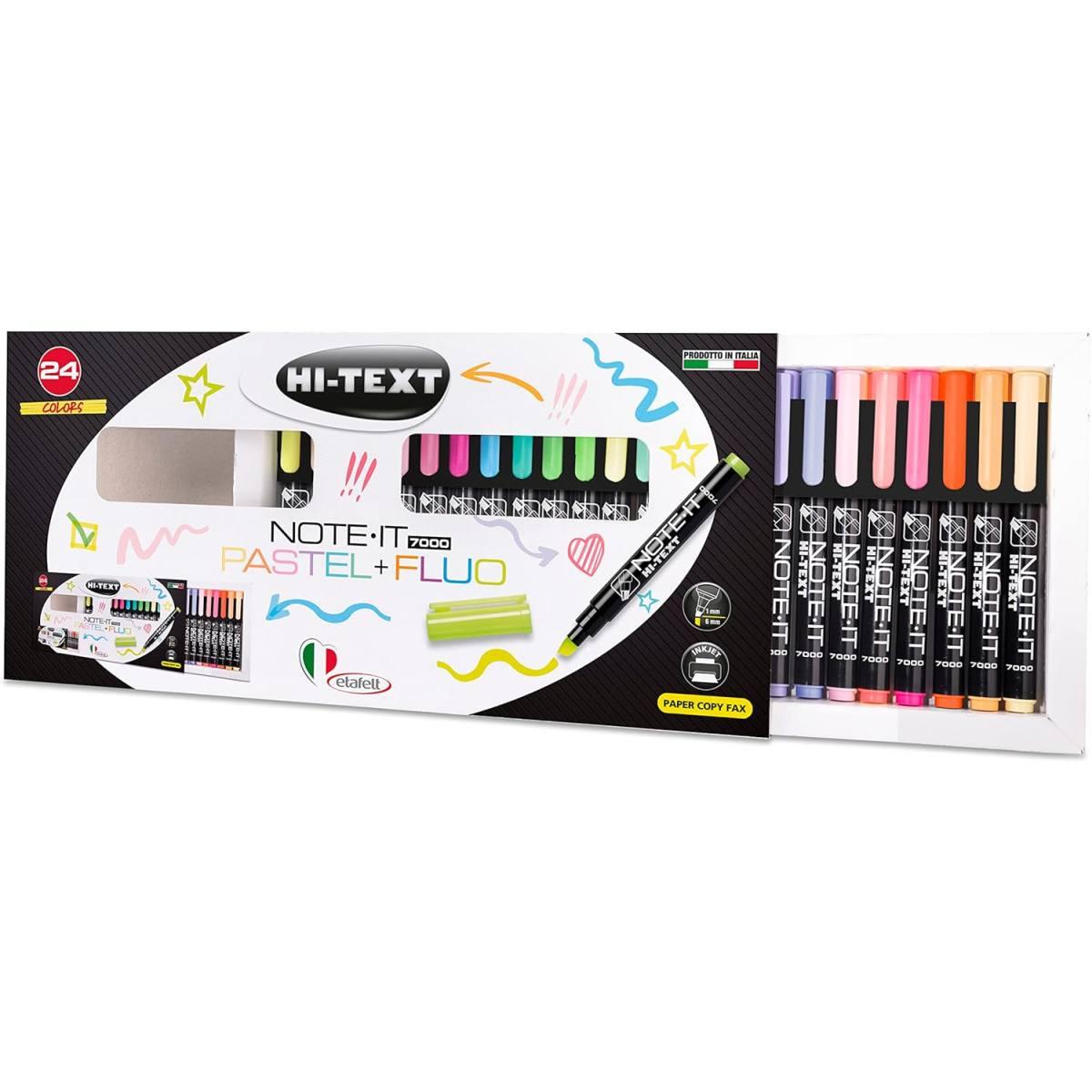Hi-text - evidenziatori note it 7000 - 24 pz (14 pastel + 10 fluo) - punta scalpello