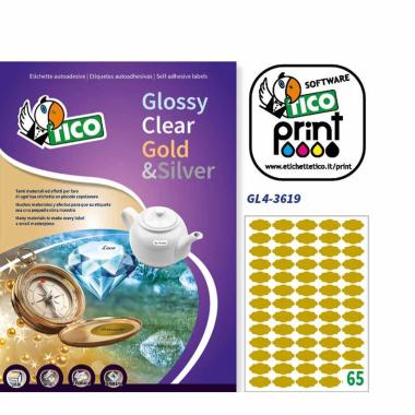 Etichette adesive permanenti sagomate 36 x 19 mm - 188gr - 65 etichette per foglio - 100 fogli - oro satinato