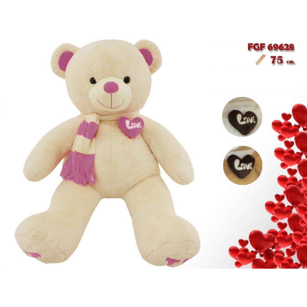 Orso bianco con sciarpa e cuore rosa - 75 cm