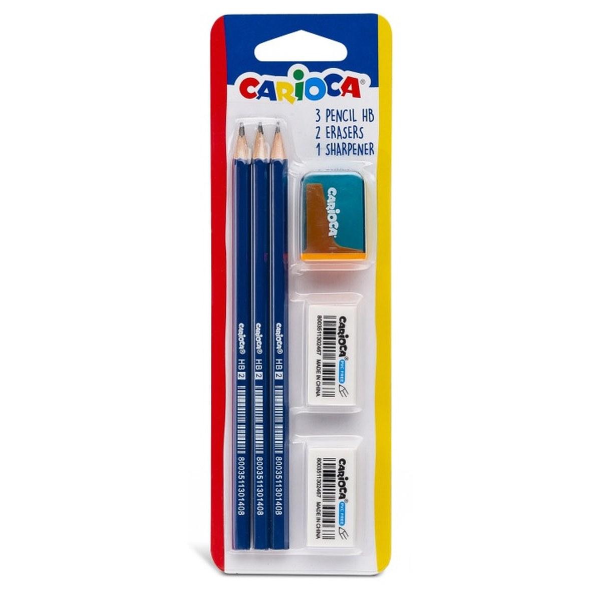 Carioca - school set - 3 matite hb + 2 gomme + 1 temperino