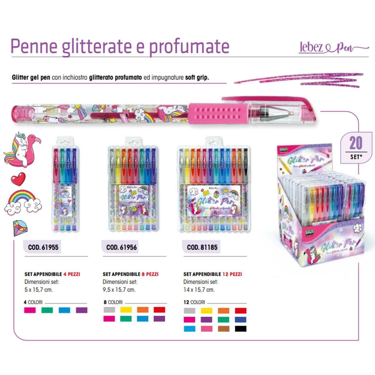 Lebez - penna gel pets con inchiostro glitterato profumato. set appendibile da 4 pezzi