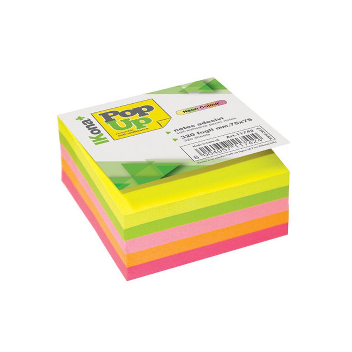Ikona+ - cubo carta per appunti adesivi - 75 x 75 mm - 320 fg - colori fluo