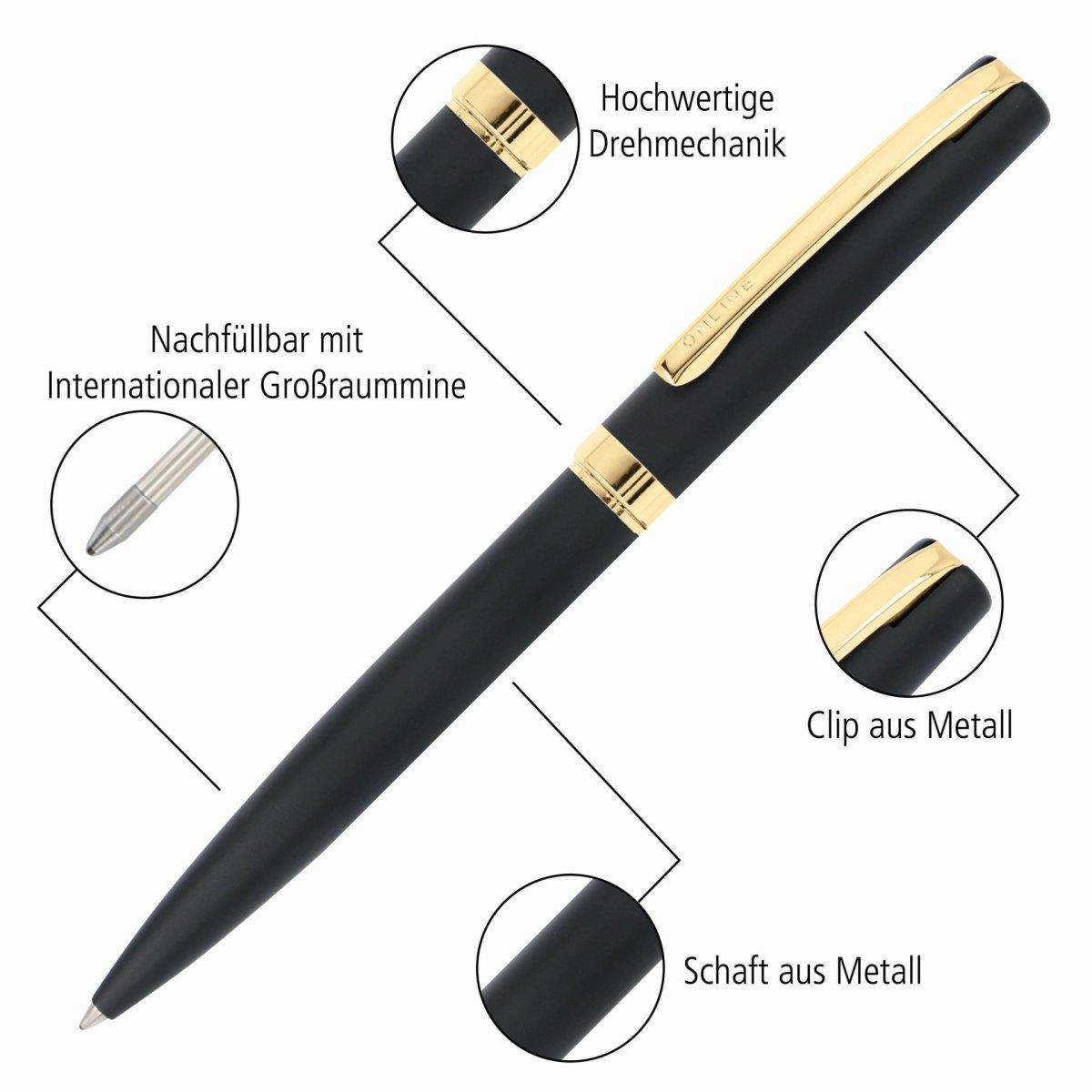 Penna stilografica e penna a sfera - nero/oro - con custodia in pelle - confezione regalo