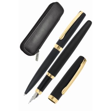 Penna stilografica e penna a sfera - nero/oro - con custodia in pelle - confezione regalo