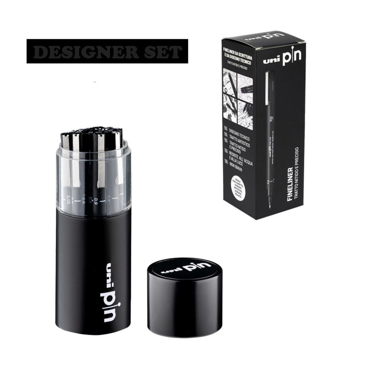 Unipin designer set- 11 fineliner unipin con inchiostro nero in punte assortite