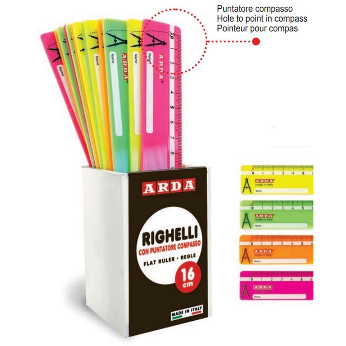 Arda - righello 16 cm fluo con puntatore compasso