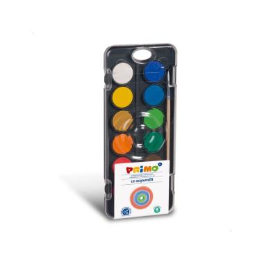 Primo - pastiglie acquerello - scatola in plastica con coperchio tavolozza - 12 pastiglie Ø 30mm + 1 pennello