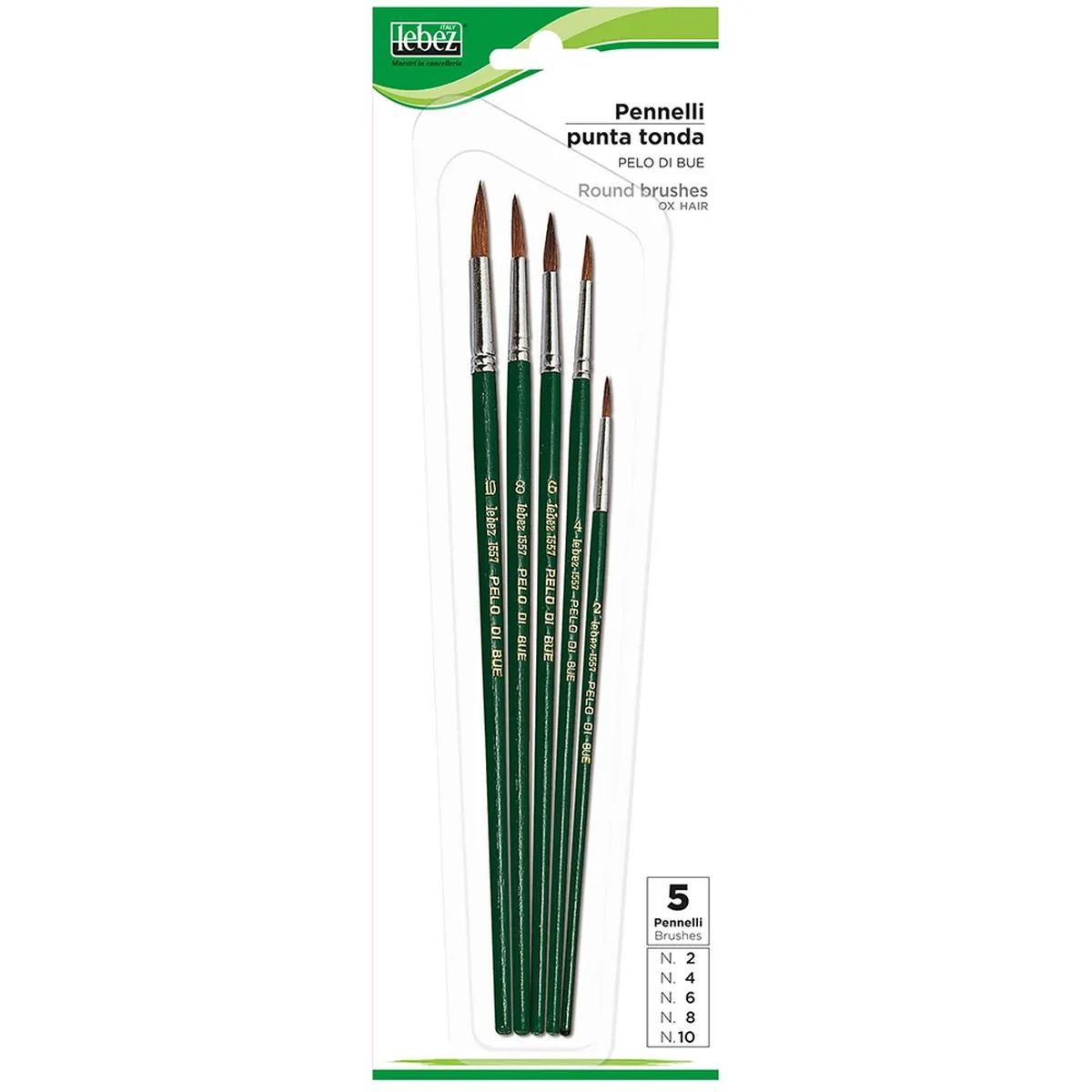 Set in blister 5 pennelli in pelo di bue a punta tonda