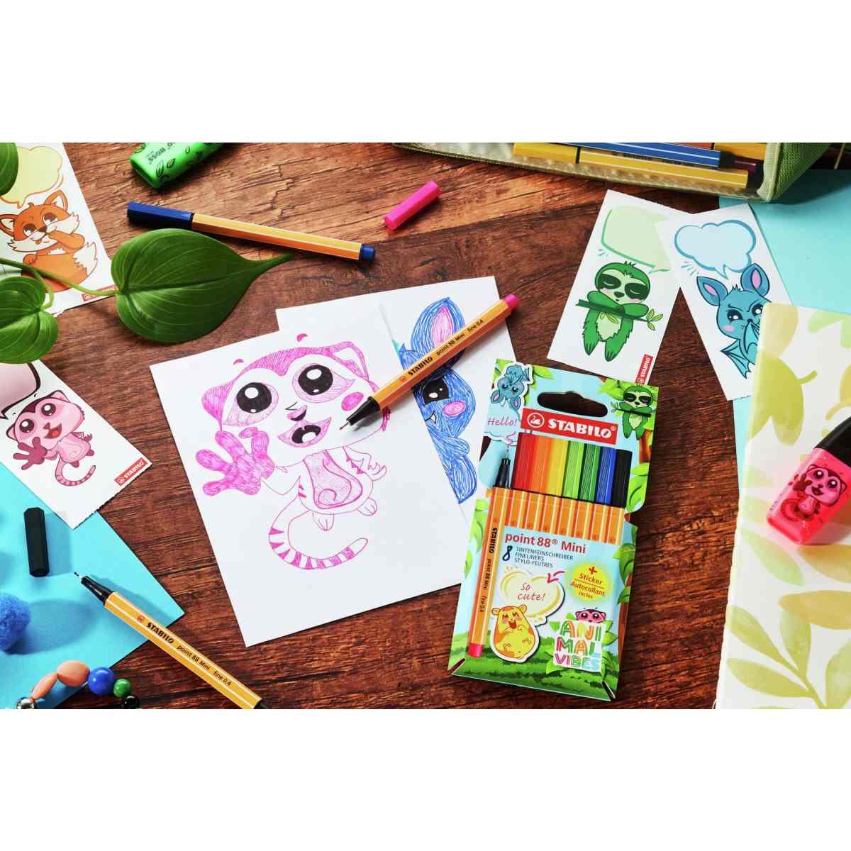 Penna fineliner stabilo point 88 mini animal vibes - 8 pz