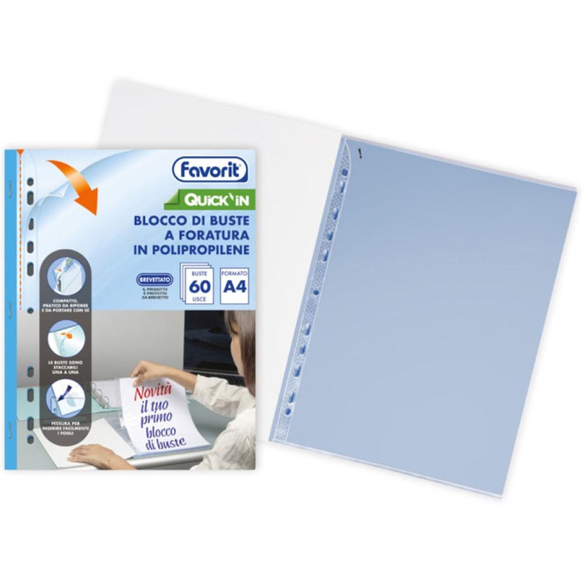 Favorit blocco 60 buste trasparenti a foratura universale a4 lucide quick in