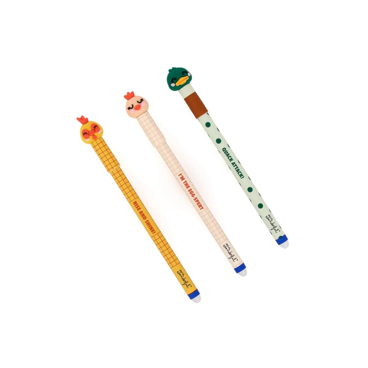 Set di 3 penne cancellabili bo-bo farm - gallina gallo e anatra