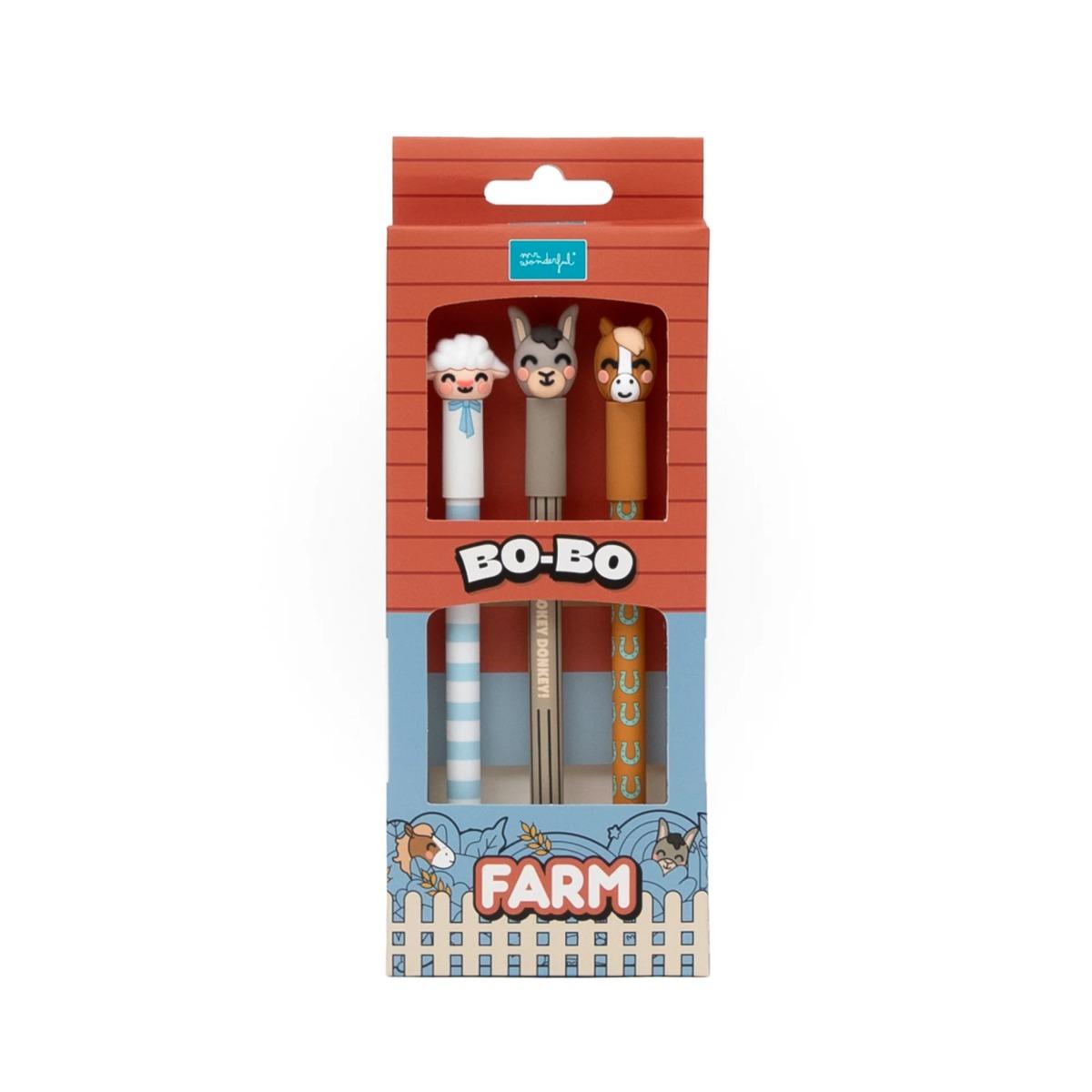 Set di 3 penne cancellabili bo-bo farm -  agnello  asino e cavallo