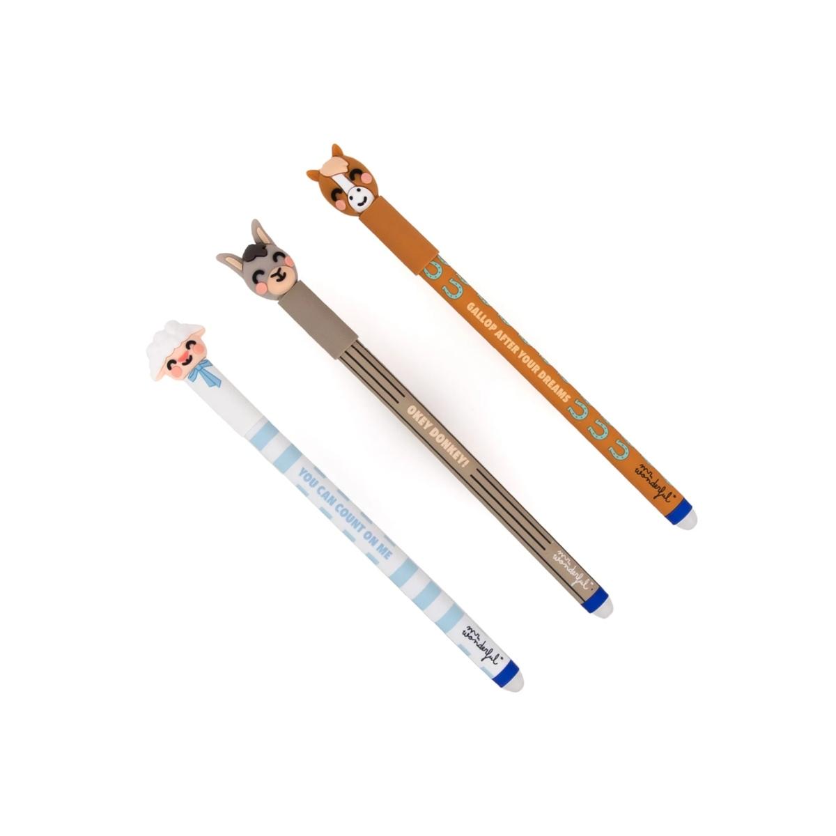 Set di 3 penne cancellabili bo-bo farm -  agnello  asino e cavallo