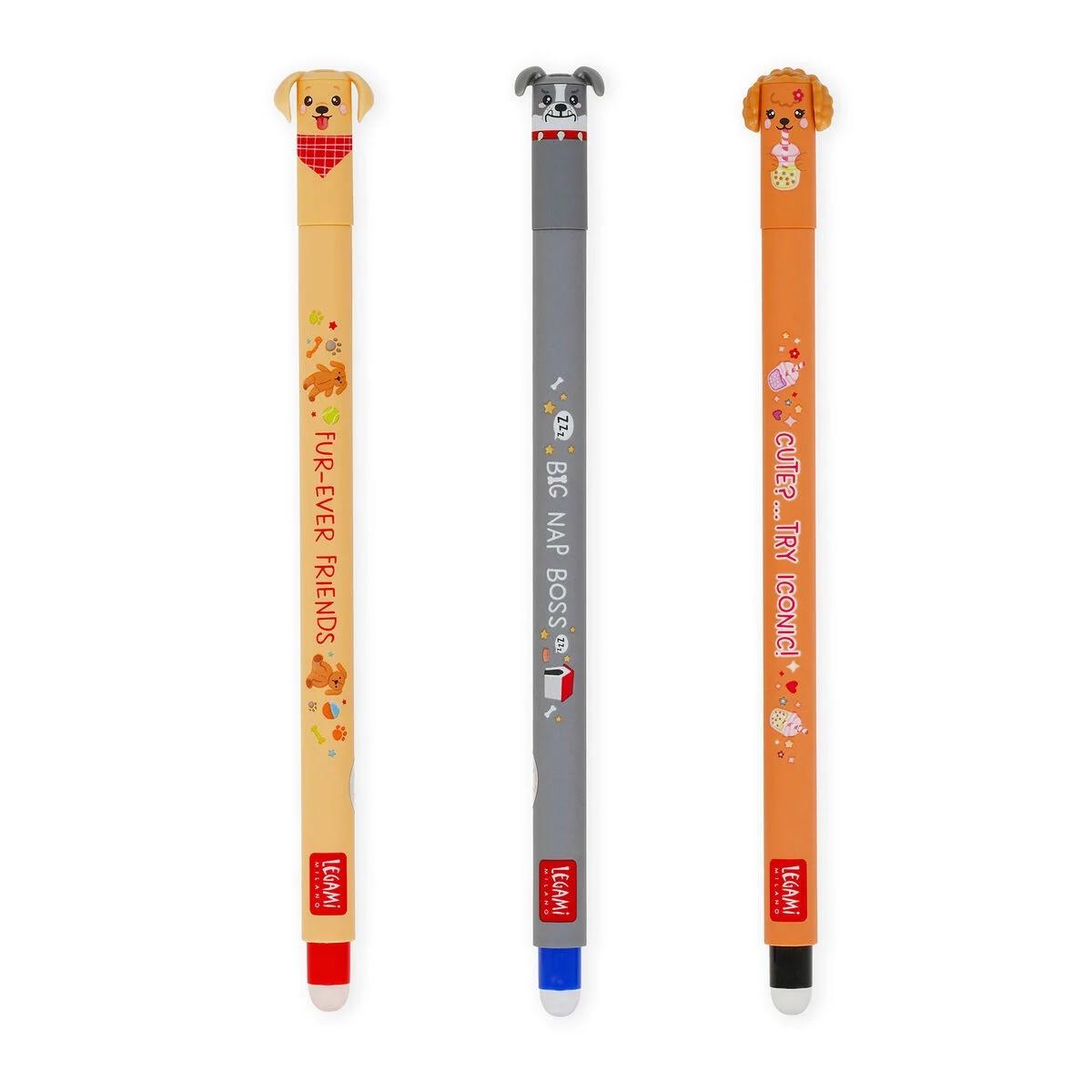 Legami set di 3 penne cancellabili - fur-ever friends - golden + bulldog + poodle