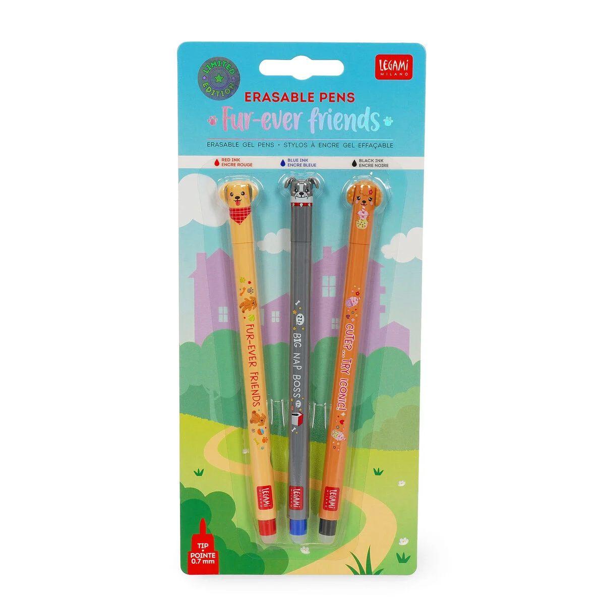 Legami set di 3 penne cancellabili - fur-ever friends - golden + bulldog + poodle