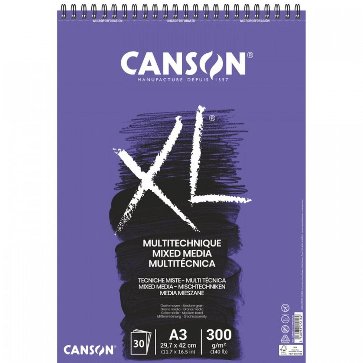 Canson - album disegno spirale xl - mixed media textured - grana media - a3 - 30 fg - 300 gr