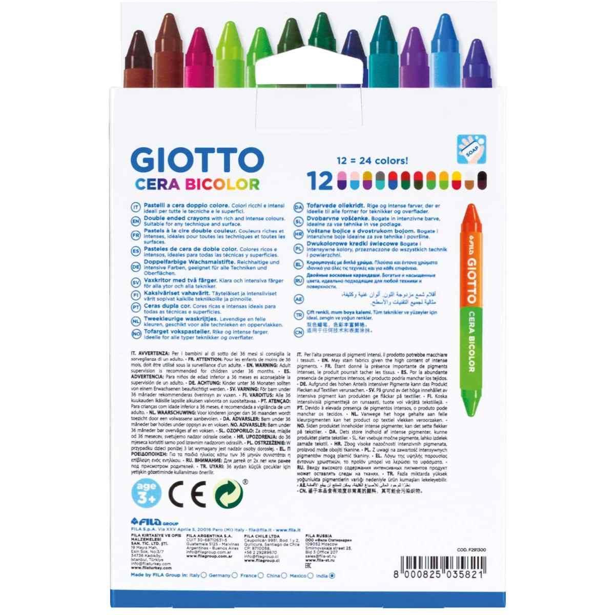 Giotto cera bicolor - pastelli a cera bicolore 12 pz (12 pastelli = 24 colori) - formato maxi diametro 11 mm