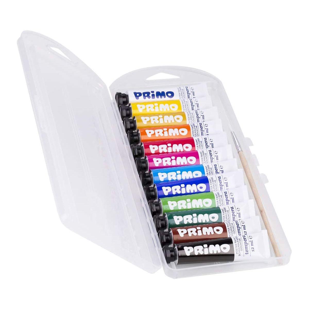 Primo - tempera fine in tubetto - tubetto alluminio in scatola pp da 12 tubi + 1 pennello - 12ml