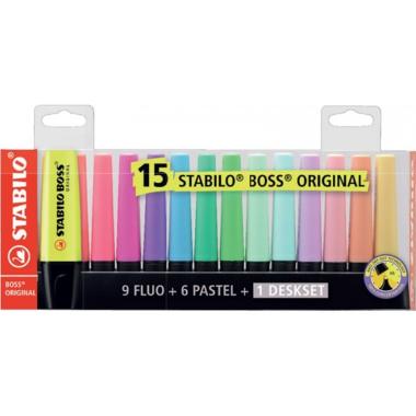 Stabilo boss original & pastel - deskset 15 evidenziatori (9 fluo + 6 pastello)